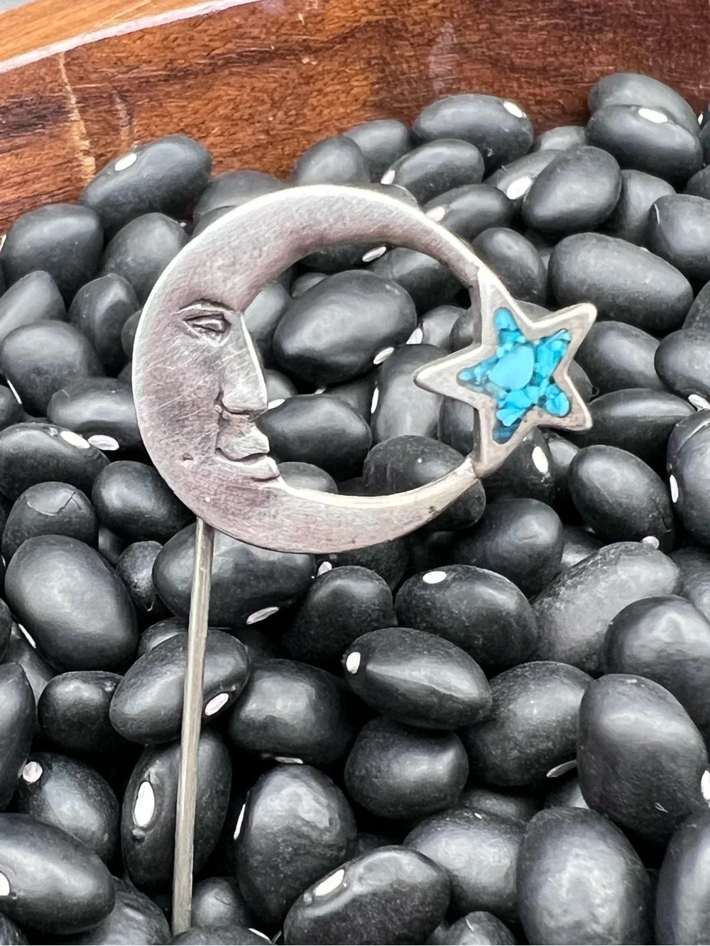 Sterling Silver & Crushed Turquoise Moon and Star Stick Pin